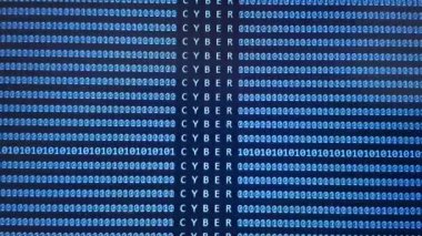 Yazılım geliştirme mavi ekranda kelime CYBER ile. İkili kod kaydırılıyor. Koyu arkaplan programlanıyor