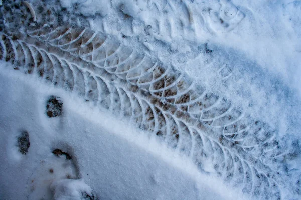 アスファルト上の雪の中で車のタイヤの斜めの痕跡 上からの眺めを閉じます アスファルト覆われた雪 危険な道路状況だ 冬の氷の上のタイヤ試験 — ストック写真
