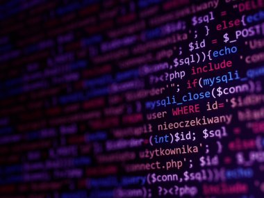 Yazılım geliştirme monitörü ekran arka planı. Kaynak kodlu geliştirici görüntüsü. Konsept kalıbı programlanıyor