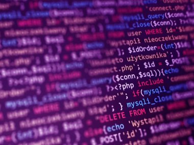 Yazılım geliştirme monitörü ekran arka planı. Kaynak kodlu geliştirici görüntüsü. Konsept kalıbı programlanıyor