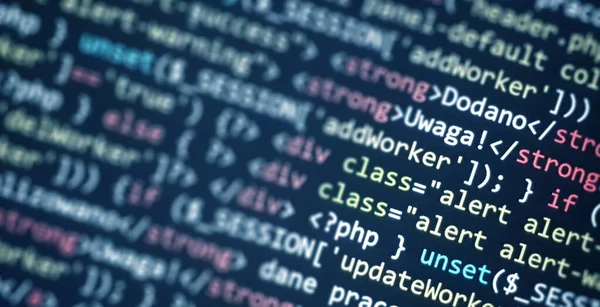 Colorful programming php and html code on a monitor. PHP language code closeup. Backend programming, software development concept background