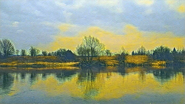 Pintura Paisaje Fluvial Naturaleza Río Árbol Ilustración Acuarela — Foto de Stock