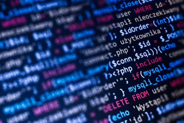 PHP dili web programlama kaynak kodu. Soyut kod arkaplanı. Arka uç programlama, yazılım geliştirme kavramı