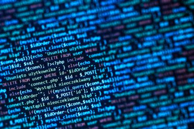 Web yazılım geliştirme geçmişi. Gerçek programcı monitörü ve ekran. Teknoloji php kodlama geçmişi. Mavi php monitörü