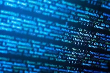 php web programlama kaynak kodu. Soyut kod arkaplanı. WWW yazılım geliştirme. Yazılım geçmişi. Bilgisayar monitöründeki web sitesi kodları. 