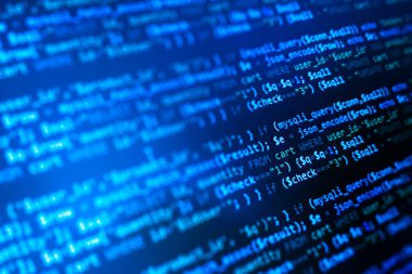 php web programlama kaynak kodu. Soyut kod arkaplanı. WWW yazılım geliştirme. Yazılım geçmişi. Bilgisayar monitöründeki web sitesi kodları. 