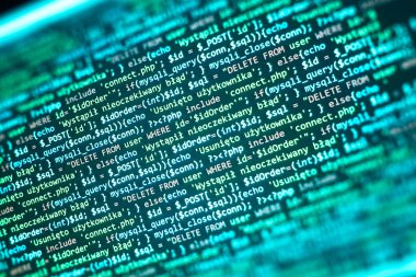 Bilgisayar ekranında PHP kodu. Yazılım geliştirme soyut arkaplan. Yeşil renk. Programlama için arama işi veya soyut ders şablonu.