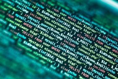 Bilgisayar ekranında PHP kodu. Yazılım geliştirme soyut arkaplan. Yeşil renk. Programlama için arama işi veya soyut ders şablonu.