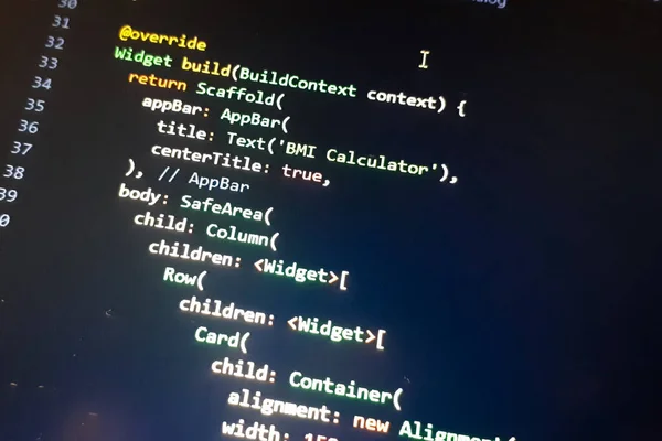 Layar Aplikasi Flutter Mengembangkan Kode Baris Kode Pada Abstrak Layar — Stok Foto