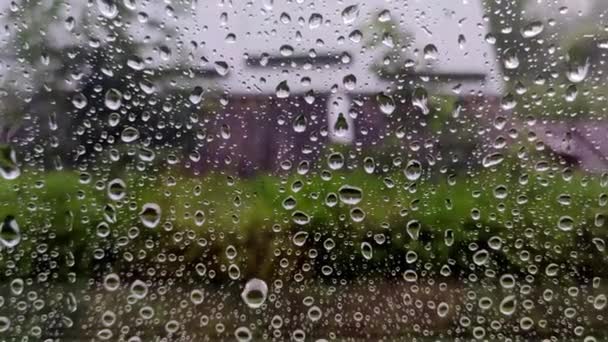 Real Rain Drops Sliding Home Window Glass Heavy Rain Close — Stock Video