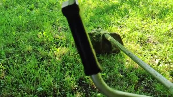 割草后 割草机躺在草坪上的景象 — 图库视频影像