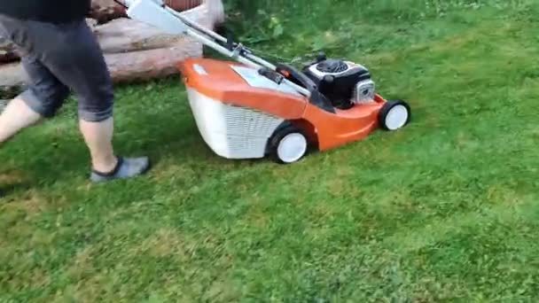 Çim Kısalıyor Bahçe Işleri Konsepti Çim Biçme Makinesiyle Çimleri Biçiyorum — Stok video