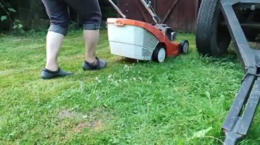 Çim kısalıyor. Bahçe işleri konsepti. Çim biçme makinesiyle çimleri biçiyorum.. 