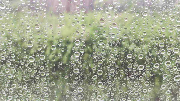 Vízcsepp Eső Ablak Üveg Burred Kert Háttér — Stock Fotó