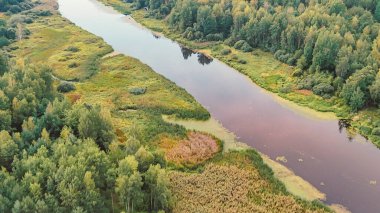 Çeşit çeşit bitki örtüsü ve ormanlarla çevrili yemyeşil manzaralı sakin bir nehrin havadan görünüşü yazın doğanın huzurunu yakalıyor..