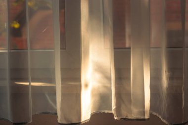 Yumuşak güneş ışığı perdelerin arasından süzülerek rahat bir iç mekanda sakin bir atmosfer yaratır. Sıcaklık ve rahatlığı çağrıştıran ev dekorasyonu veya yaşam tarzı temaları için ideal.