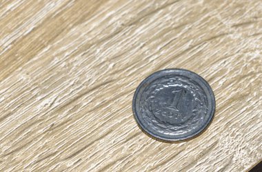 Dokulu ahşap bir yüzey üzerinde sergilenen tek bir zloti madeni para ayrıntılı tasarımı ve finansal veya ekonomik temalar için uygun parasal değeri vurguluyor.