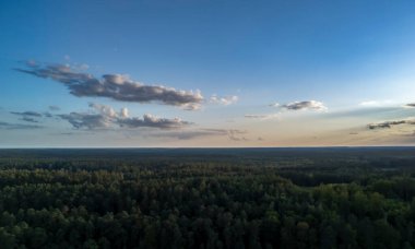 Berrak mavi bir gökyüzü altında uzanan yemyeşil ormanın havadan görünüşü alacakaranlıkta sakin bir manzarayı yakalıyor. Doğayla ilgili projeler ve görsel hikaye anlatımı için ideal.
