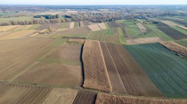 Sonbaharda tarımsal uygulamaları ve arazi kullanımını vurgulayan kırsal alanlara özgü çeşitli doku ve renkleri gösteren geniş tarım sahalarının havadan görünüşü.