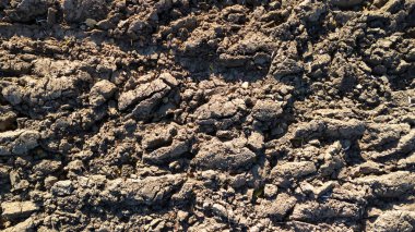 Görünür lastik izleri ve dağınık enkaz parçaları ile kuru çatlamış toprak dokusunun yakın çekimi tarımsal iş ya da arazi hazırlığını işaret ediyor.