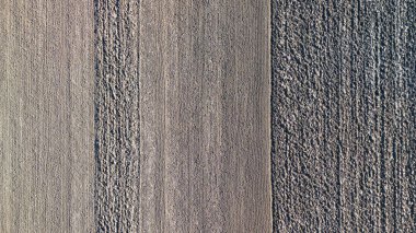 Kalıplı tarım arazilerinin havadan görünüşü, güpegündüz kırsal alanda tarımsal uygulamaları gösteren yeni sürülmüş toprak ve ekinlerin farklı sıralarını gösteriyor..