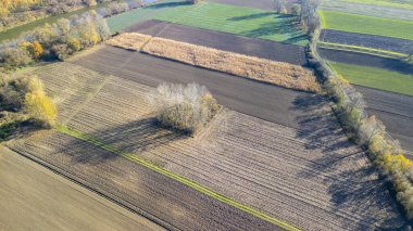 Uçsuz bucaksız bir tarım arazisinin havadan görünüşü. Sonbahar yeşilliklerinin zengin renkleri ve içinden süzülen huzurlu bir nehir içeren çeşitli tarım arazileri. Kırsal yaşamı göstermek için ideal..