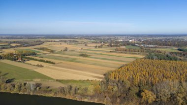 Sonbaharda açık mavi gökyüzü altında engin tarlaları ve renkli ormanları gösteren hava manzarası doğa güzelliklerini ve tarım arazilerini vurguluyor..