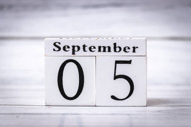 Dekoratif bir takvim, yumuşak bir arkaplana göre ayarlanmış tarihi Eylül 05 olarak gösteriyor. Zaman yönetimi planlaması ve mevsimsel değişikliklerle ilgili konular için ideal.