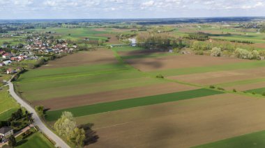 Yeşil tarlaların bulunduğu sakin kırsal arazinin havadan görünüşü ve berrak bir gökyüzü altında canlı renkler gösteren küçük bir köprüyle akan bir nehir..