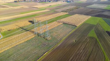 Kırsal güzelliği ve modern altyapıyı gösteren elektrik hatlarıyla kesişen yeşil ve kahverenginin çeşitli tonlarında tarlaları olan canlı bir tarım arazisinin havadan görünüşü.