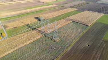 Tarlaları, elektrik hatları ve çiftlik yolları olan canlı tarım manzarası. Bu sakin sahnede doğal güzellik ve kırsal gelişim sergileniyor..