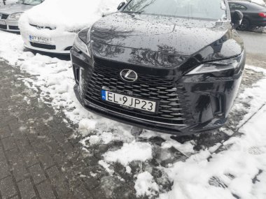 Rzeszow Polonya - 22 Kasım 2025: Karlı bir yolda park etmiş şık siyah bir Lexus SUV modern tasarım ve lüks özelliklerini sergiliyor ve zarif bir kış manzarası yaratıyor.