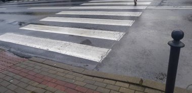 Yağmurlu bir gün sahnesinde, ıslak sokakların ışığı yansıttığı bir şehir ortamında yaya geçidi tasvir ediliyor. Bir köpek günlük yaşam atmosferini yükseltirken görülüyor..