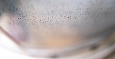 Sıcak bir duştan sonra sisli bir cam yüzeydeki su damlacıklarının yakın görüntüsü. Temizlik rahatlama ve ev dekorasyonu kavramları için ideal.