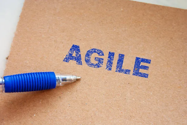 Kahverengi desenli kağıt zemin üzerinde kalın mavi mürekkeple yazılmış AGILE el yazısı bir pazarlama kavramsal atmosferi sağlıyor. İş ve yenilik temaları için ideal.