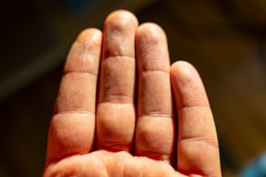 İnsan elinin yakın plan görüntüsü bulanık bir arkaplan karşısında parmaklarını açık gösteriyor. Bu günlük hayatta iletişim dokunuşunu ve bağlantısını temsil ediyor..
