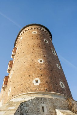 Krakow Polonya - 17 Şubat 2019: Krakow 'un kalbinde mimari tasarım ve kültürel öneme sahip açık mavi gökyüzünün altında duran tarihi tuğla kule.