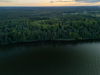 Yoğun bir ormanın, sakin bir su kütlesinin etrafında sakin bir hava manzarası. Yumuşak bir günbatımı gökyüzü altında verimli yeşillikler sergiliyor. Doğa temalı projeler ve açık hava kampanyaları için ideal..