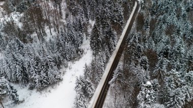 A scenic aerial view of a snow-covered road winding through a dense forest. Trees blanketed in snow create a serene winter landscape ideal for travel and nature-themed projects.