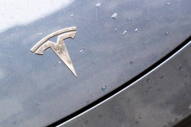 Viyana Avusturya - 21 Şubat 2026: Modern tasarım ve yenilik içeren bir araba yüzeyi üzerinde Tesla logosunun yakın çekimi. Otomotiv tanıtımı ve marka pazarlaması için ideal.