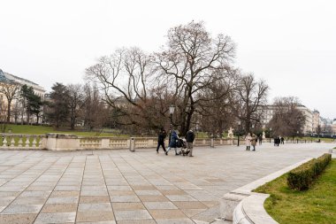Viyana - 21 Şubat 2026: Bulutlu bir kış gününde, arka planda ağaçların ve tarihi binaların oluşturduğu sakin bir parkta insanlar yürüyor.