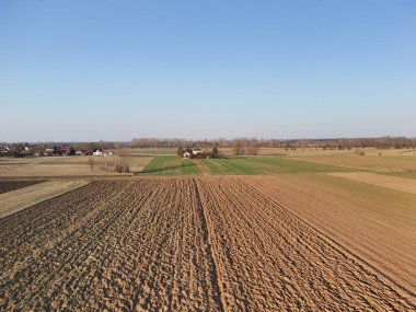 Açık mavi gökyüzü altında uzanan geniş tarım alanlarının havadan görünüşü arazi uygulamaları için alternatif toprak parçaları ve yemyeşil çimenler gösteriyor..
