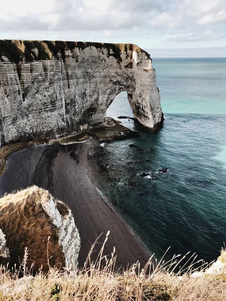 Güzel kayalıklar ve Atlantik Okyanusu. Çimen, vahşi doğa. Etreta, Normandiya. 