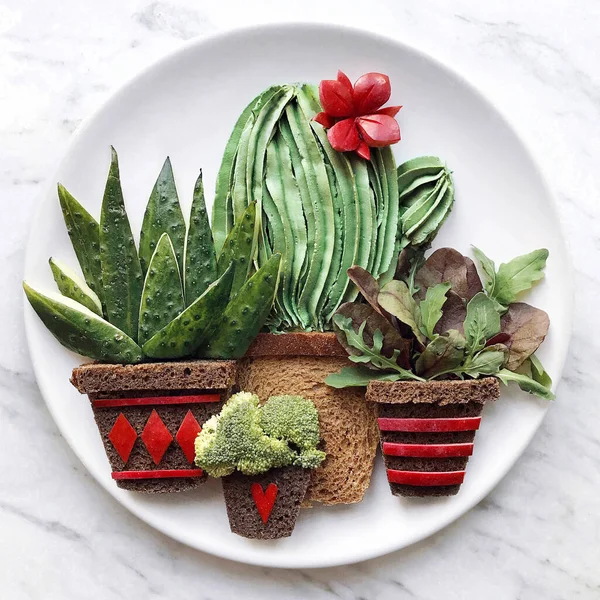 Yaratıcı yemek sanatı. Ekmek ve sebzeli humus ve avokado mus. Kaktüs şeklinde şekillendirilmiş. Sağlıklı ve harika görünen atıştırmalıklar. Yeşil ve beyaz arka planın güzel tonları. Güzel bitkiler