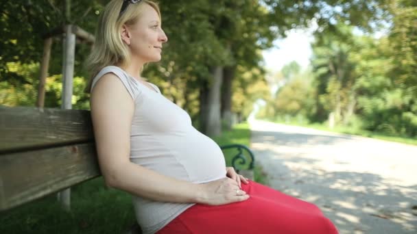 妊娠中の女性が公園のベンチに座っています。 — ストック動画