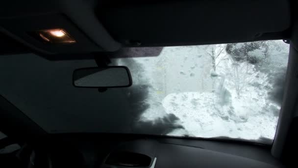 Mujer barriendo nieve de su coche — Vídeos de Stock