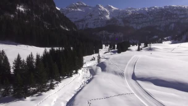 Voando sobre a bela neve coberto paisagem de inverno — Vídeo de Stock