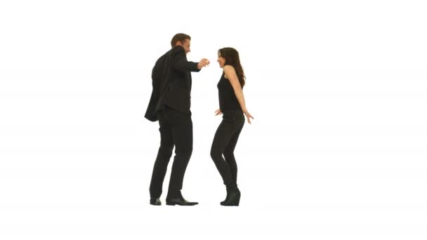 Man and woman dressed in black dancing on white — Stock Video