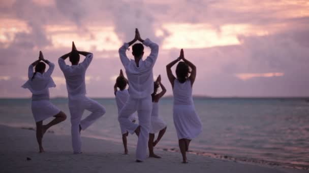 Familia con dos niños haciendo yoga — Vídeos de Stock