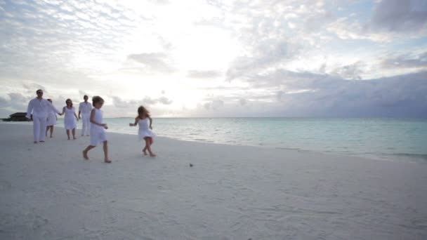 熱帯のビーチの上を歩く子供と家族 — ストック動画